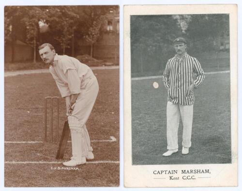 Cloudesley Henry Bullock ‘Slug’ Marsham. Kent & Oxford University 1900-1922. Early sepia real photograph postcard of Marsham, full length in batting pose. Foster of Brighton. Excellent image in very good condition. Sold with a mono postcard of Marsham sta