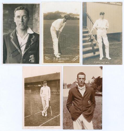 Frank Edward Woolley. Kent & England 1906-1938. Five mono and sepia real photograph postcards of Woolley, including one depicted head and shoulders wearing M.C.C. blazer, signed to the photograph in black ink by Woolley. Publisher unknown. Others depict W