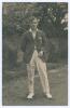 Frank Bramley Watson. Lancashire 1920-1937. Early sepia real photograph postcard of Watson standing full length wearing cricket attire and Lancashire blazer. Very nicely signed in black ink to the photograph by Watson. Nias of Brighton with additional off