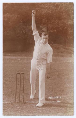 Willliam Ward Odell. Leicestershire 1901-1914. Early sepia real photograph postcard of Odell standing full length in bowling pose. Foster of Brighton. Postally unused. Minor mount indentations to corners, otherwise in very good condition. An excellent ima