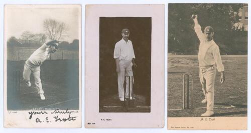 Albert Edwin Trott. Victoria, Middlesex, London County, Australia & England, 1892-1910. Mono real photograph postcard of Trott in full bowling delivery pose wearing cap. Printed caption to card ‘Whizz’. Nicely signed in ink by Trott to lower white border.