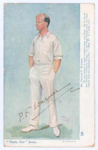 Pelham Francis ‘Plum’ Warner. Middlesex, Oxford University & England 1894-1920. Early colour postcard of Warner reproduced from the original artwork by ‘Spy’ for the ‘Vanity Fair’ Series issued by Raphael Tuck & Sons, no. 1707, with printed title to lower