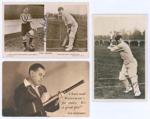 Elias Henry ‘Patsy’ Hendren. Middlesex & England 1907-1937. Two real photograph postcards, both signed in ink to the image by Hendren. One depicts Hendren in football attire for Brentford to left side and, to the right in batting pose at the wicket in Eng