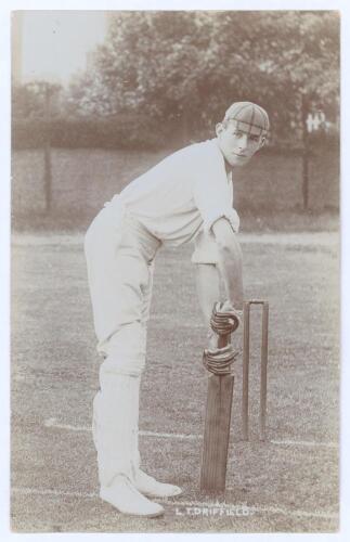 Lancelot Townshend Driffield. Cambridge University & Northamptonshire 1900-1908. Early mono real photograph postcard of Driffield, full length in batting pose at the crease. Blind embossed stamp to lower right corner for Foster of Brighton. A nice image. 