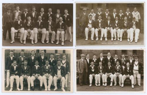 Nottinghamshire C.C.C. 1934-1937. Four original mono real photograph postcards of Nottinghamshire teams of the 1930s, the players seated and standing in rows wearing cricket attire and blazers. Teams are 1934 (annotated in pencil to verso) captained by Ar