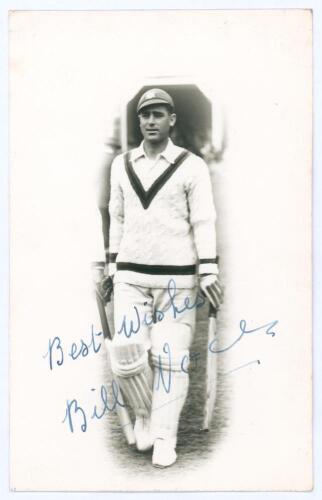 William ‘Bill’ Voce. Nottinghamshire & England 1927-1952. Original mono real photograph postcard of Voce in cameo, full length walking out to bat, probably at Scarborough. Nicely signed in blue ink to the photograph by Voce. Official stamp to verso for Wa