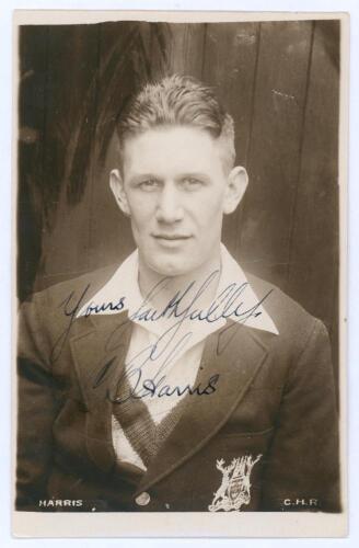 Charles Bowmar ‘Charlie’ Harris. Nottinghamshire 1928-1951. Original sepia real photograph postcard of Harris, half length wearing Nottinghamshire blazer. Very nicely signed in ink to the photograph by Harris. The signature with a protective coating appli