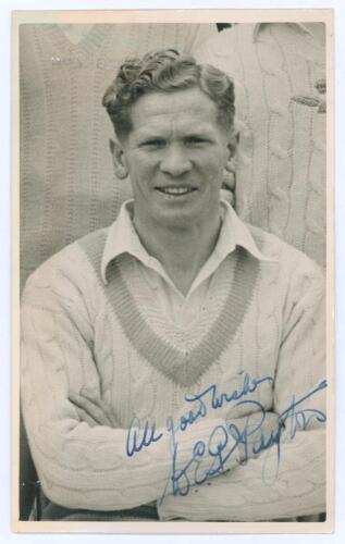 Wilfred Ernest Granville Payton. Nottinghamshire, Cambridge University & Derbyshire 1935-1949. Original sepia real photograph plain back postcard of Payton, head and shoulders wearing cricket attire. Very nicely signed in blue ink to the photograph by Pay