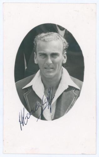 Joseph ‘Joe’ Hardstaff. Nottinghamshire, Europeans, Auckland & England 1930-1955. Original mono real photograph postcard of Hardstaff, head and shoulders in cameo. Very nicely signed in ink to the photograph by Hardstaff. Official stamp to verso for A. Wi