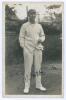 John Berry ‘Jack’ Hobbs. Surrey & England 1905-1934. Mono real photograph postcard of Hobbs, full length wearing cricket attire, smoking a cigarette. Boldly signed by Hobbs in ink. Nias of Brighton. Stamped to verso A.G. Spalding & Bros Ltd, County Ground