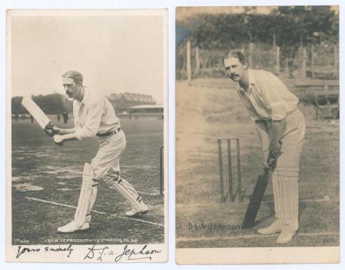 Digby Loder Armroid Jephson. Cambridge University & Surrey 1890-1904. Two early mono real photograph postcards of Jephson, each depicted in batting pose at the wicket. One by Hartmann, series no. 1660, signed in black ink to the lower border by Jephson. P