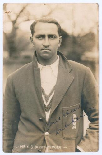 Kumar Shri Duleepsinhji. Sussex, Cambridge University & England 1924-1932. Sepia real photograph postcard of Duleepsinhji, half length, in England blazer. Signed in black ink by Duleepsinhji. Deane, Wiles & Millar series c.1930. Address annotated in penci