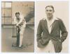 Maurice William Tate. Sussex & England 1912-1937. Two original sepia real photograph postcards of Tate, one depicted playing a forward defensive shot in indoor nets. Nicely signed in black ink to the photograph by Tate. The other shows Tate three quarter 