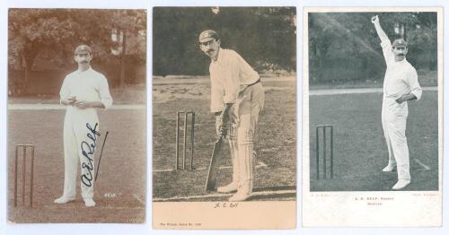 Albert Edward Relf. Sussex, Auckland & England 1900-1921. Early sepia real photograph postcard of Relf depicted standing full length at the wicket wearing Sussex cap and holding a ball. Very nicely signed in black ink to the photograph by Relf. Blind embo