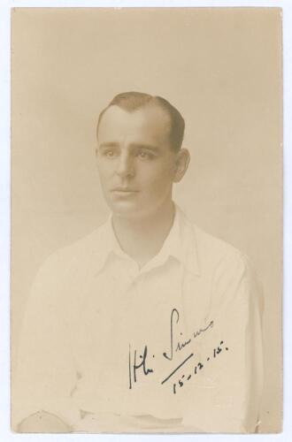 Harry Lester Simms. Sussex, Europeans & Warwickshire 1905-1922. Rare sepia real photograph portrait postcard of Simms depicted seated half length wearing cricket attire. Very nicely signed in black ink to the photograph by Simms and dated 15th December 19