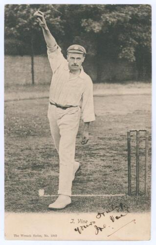 Joseph ‘Joe’ Vine. Sussex & England 1896-1922. Early mono real photograph postcard of Vine depicted full length in bowling pose at the wicket, wearing Sussex cap. Nicely signed in black ink to the lower border by Vine. Wrench Series no. 1383. Postally unu