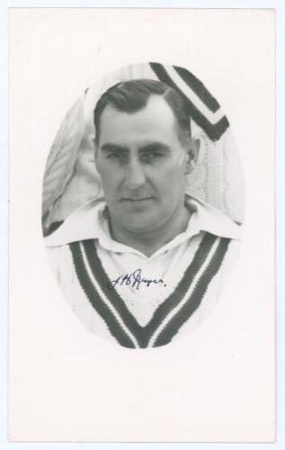 Joseph Herbert ‘Danny’ Mayer. Warwickshire 1926-1939. Original mono real photograph postcard of Mayer, head and shoulders in cameo, wearing cricket attire. Nicely signed in ink to the photograph by Mayer. Official stamp to verso for A. Wilkes & Son, West 