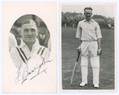 John Buckingham. Warwickshire 1933-1939. Original mono real photograph postcard of Buckingham, head and shoulders in cameo, wearing cricket attire. Nicely signed in ink to the lower portion by Buckingham. Sold with a mono real photograph postcard of Alfre