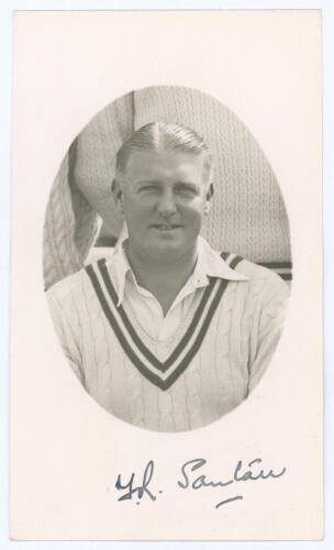 Frederick Reginald ‘Reg’ Santall. Warwickshire 1919-1939. Original mono real photograph postcard of Santall, head and shoulders in cameo, wearing cricket attire. Nicely signed in black ink to the lower border by Santall. Official stamp to verso for A. Wil