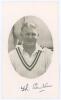 Frederick Reginald ‘Reg’ Santall. Warwickshire 1919-1939. Original mono real photograph postcard of Santall, head and shoulders in cameo, wearing cricket attire. Nicely signed in black ink to the lower border by Santall. Official stamp to verso for A. Wil