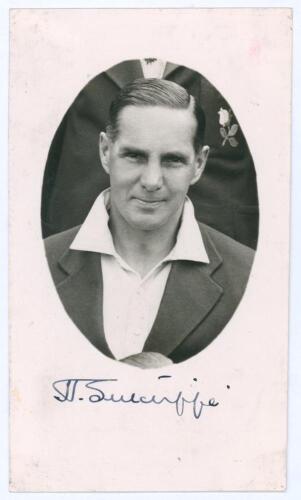 Herbert Sutcliffe. Yorkshire & England 1919-1945. Original mono real photograph plain back postcard of Sutcliffe, head and shoulders in cameo, wearing cricket attire and blazer. Very nicely signed in ink to the lower margin by Sutcliffe. Official stamp to