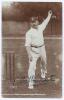 George Herbert Hirst. Yorkshire, Europeans & England 1891-1929. Early sepia real photograph postcard of Hirst, full length in bowling pose at the crease, wearing Yorkshire cap. Very nicely signed in black ink to the photograph by Hirst. Blind embossed sta