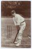 Wilfred Rhodes. Yorkshire, Europeans, Patiala & England 1898-1930. Early sepia real photograph postcard of Rhodes, full length in batting pose at the crease, wearing Yorkshire cap. Nicely signed in black ink to the photograph by Rhodes. Blind embossed sta