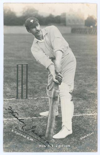 Frank Stanley Jackson. Yorkshire, Cambridge University & England 1890-1907. Early mono real photograph postcard of Jackson, full length in batting pose at the crease, wearing Yorkshire cap. Very nicely signed in black ink to the photograph by Jackson. E. 