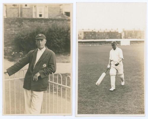 Wilfred Rhodes. Yorkshire, Europeans, Patiala & England 1898-1930. Two original sepia real photograph postcards of Rhodes at Scarborough. One depicts Rhodes three quarter length leaning on railings, wearing Yorkshire cap and blazer, the other walking off 