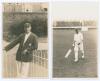 Wilfred Rhodes. Yorkshire, Europeans, Patiala & England 1898-1930. Two original sepia real photograph postcards of Rhodes at Scarborough. One depicts Rhodes three quarter length leaning on railings, wearing Yorkshire cap and blazer, the other walking off 