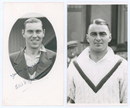 Ellis Pembroke Robinson. Yorkshire & Somerset 1934-1952. Original mono real photograph postcard of Robinson, head and shoulders in cameo, wearing cricket attire and blazer. Nicely signed in black ink to the photograph by Robinson. Sold with a mono postcar