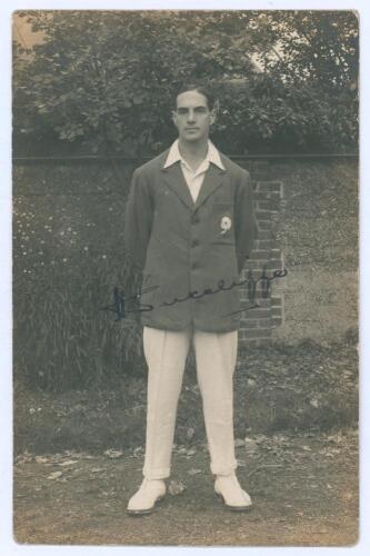 Herbert Sutcliffe. Yorkshire & England 1919-1945. Mono real photograph postcard of Sutcliffe, full length wearing Yorkshire blazer. Signed by Sutcliffe in black ink. Nias of Brighton. Stamped to verso A.G. Spalding & Bros Ltd, County Ground, Hove. Some we