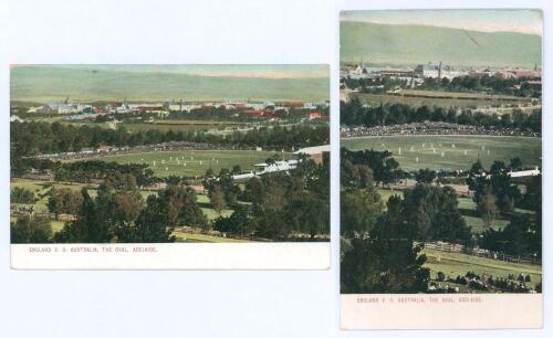 M.C.C. tour to Australia 1907/08. Two original colour postcards depicting aerial views of play in progress by ‘South Australia Post Card’, both with printed title to lower margin ‘England v. S. Australia, The Oval, Adelaide’. One, a landscape view, postal