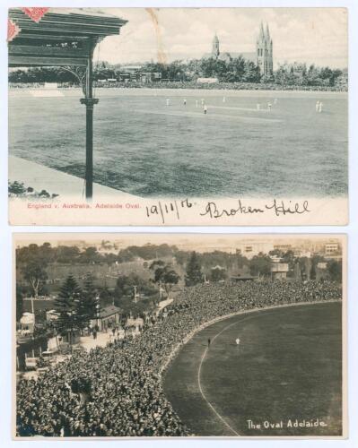 M.C.C. tours to Australia. Adelaide Oval. Two original mono real photograph postcards of scenes at the Adelaide Oval. One with title ‘England v. Australia, Adelaide Oval’ by ‘South Australia Post Card’ depicts play in progress with the cathedral in the ba