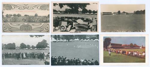 St. Lawrence Cricket Ground, Canterbury, Kent. Early 1900s- c.1960s. Six postcards depicting scenes of match action, spectators etc. at Canterbury. Includes a rarer mono real photograph postcard of crowds in Edwardian finery on the outfield, with art nouv