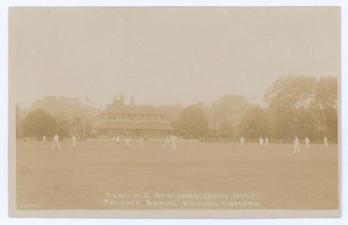 South African tour to England 1907. ‘Kent v. S. Africans (June 1907)’. Early sepia real photograph postcard of the match in progress with the pavilion in the background, played at the Private Bank’s Ground, Catford, 24th- 26th June 1907. Bells’ Photo Co.,