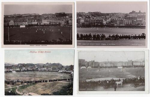 Sussex. Hastings and Hove cricket grounds. Two mono real photograph postcards depicting matches in play at Hastings, one by The Sussex Postcard Co., Hastings, the other Judge’s of Hastings series no. 400, both postally unused. Also two printed postcards, 