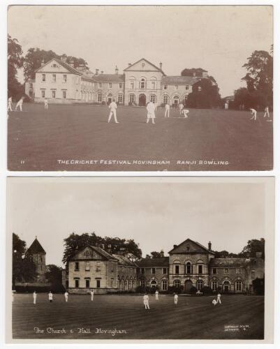 Kumar Shri Ranjitsinhji. Cambridge University, Sussex, London County & England 1893-1920. Early sepia real photograph postcard with printed title ‘The Cricket Festival Hovingham. Ranji Bowling’ with the match in progress in front of the Hall. Published by