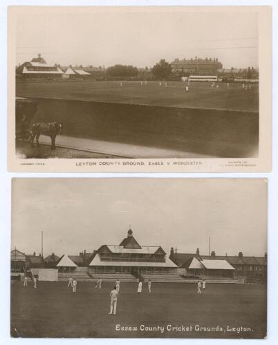 Leyton County Ground c.1910/11. Two early original sepia real photograph postcards of matches in play at Leyton. One c.1910 titled ‘Leyton County Ground. Essex v. Worcester’ with the pavilion and ground in the background, horse and carriage in the foregro