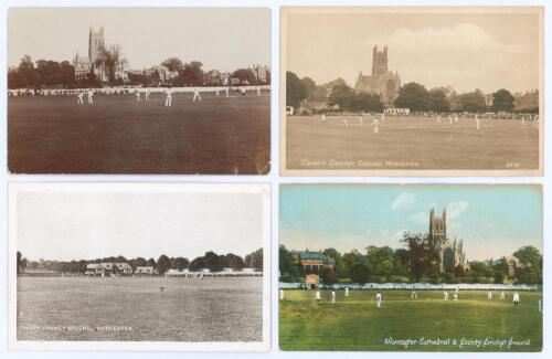 Worcester County Cricket Ground 1907 onwards. A selection of eight postcards depicting scenes of matches in play and one aerial view of Worcester County Cricket Ground. Includes one early sepia real photograph postcard postmarked 1907, publisher unknown, 