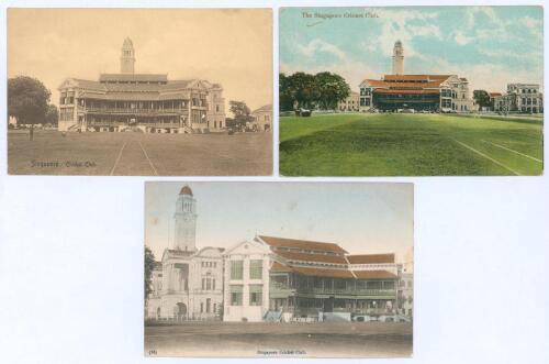 Singapore Cricket Club. Three original postcards published in Singapore depicting the grand pavilion at Singapore Cricket Club, probably 1920s/1930s. One, a sepia real photograph postcard by Wilson & Co. with small blemish to the image. Also two in colour