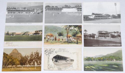 West Indies cricket and grounds 1920s-1960s. A good selection of nine postcards relating to West Indies cricket and grounds. Includes one with ornate printed title ‘Souvenir opening Grand Stand Kingston C.C. Sabina Park 25th January 1922’ and decorative b