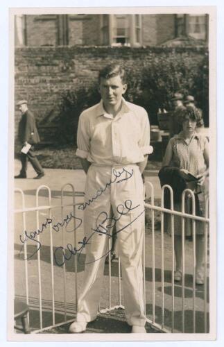 Alexander John ‘Sandy’ Bell. Western Province, South Africa & Rhodesia 1925-1939. Mono real photograph postcard of Bell standing full length wearing cricket attire in front of railings, assumed to be at Scarborough, probably on the 1929 South African tour