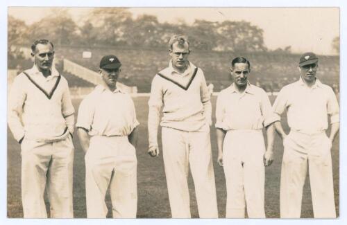 Yorkshire C.C.C. 1932. Original sepia real photograph postcard of five members of the Yorkshire team, four of whom were selected for the 1932/33 ‘Bodyline’ tour to Australia. Players are Hedley Verity, Maurice Leyland, Bill Bowes, Herbert Sutcliffe and Ar