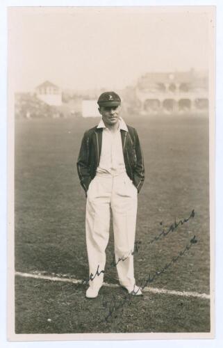 Edward Alexander van der Merwe. Transvaal & South Africa 1928-1938. Mono real photograph postcard of van der Merwe standing full length wearing South Africa cap and tour blazer on the outfield at Scarborough on the 1929 South African tour to England. Nice