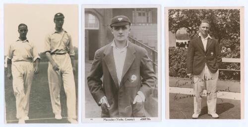 Yorkshire 1930s. Three original mono/ sepia real photograph signed postcards of Yorkshire players. Players featured are Herbert Sutcliffe walking off the field of play with Frank Dennis, signed in ink to the photograph by Sutcliffe. Fading to the signatur