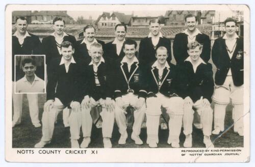 Nottinghamshire C.C.C. c.1955. Official mono real photograph postcard of the Nottinghamshire team. Printed title to lower border, ‘Reproduced by kind permission of Nottm Guardian Journal’. Signed to the verso in different coloured inks by eleven members o