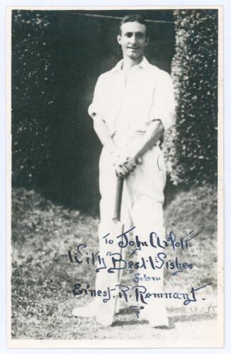 Ernest Richard Remnant. Hampshire & Europeans 1908-1922. Mono real photograph plain back postcard of Remnant standing full length wearing cricket attire, leaning on a bat. Very nicely inscribed and signed ‘To John Arlott with Best Wishes from Ernest R. Re