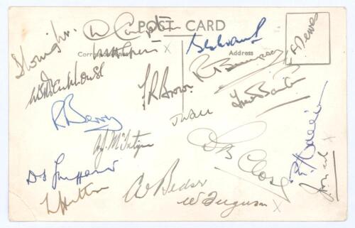 M.C.C. tour of Australia 1950/51. Mono real photograph postcard of R.M.S. Stratheden P&O Line ship which took the M.C.C. team to Australia. Nicely signed to verso by nineteen members of the touring party including Brown (Captain), Bailey, Bedser, Berry, C