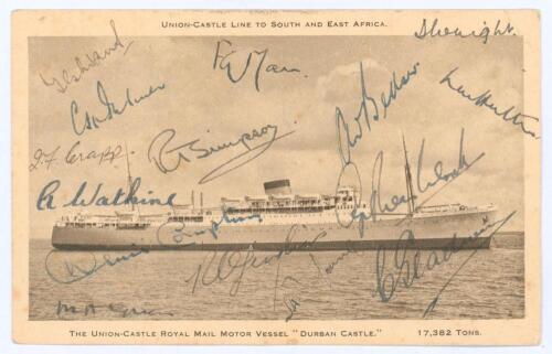 M.C.C. tour of South Africa 1948/49. Rarer sepia postcard of the Union-Castle Line ‘Durban Castle’ which took the team to South Africa. Signed in ink to card face by fifteen members of the touring party. Signatures are Mann (Captain), Evans, Palmer, Crapp